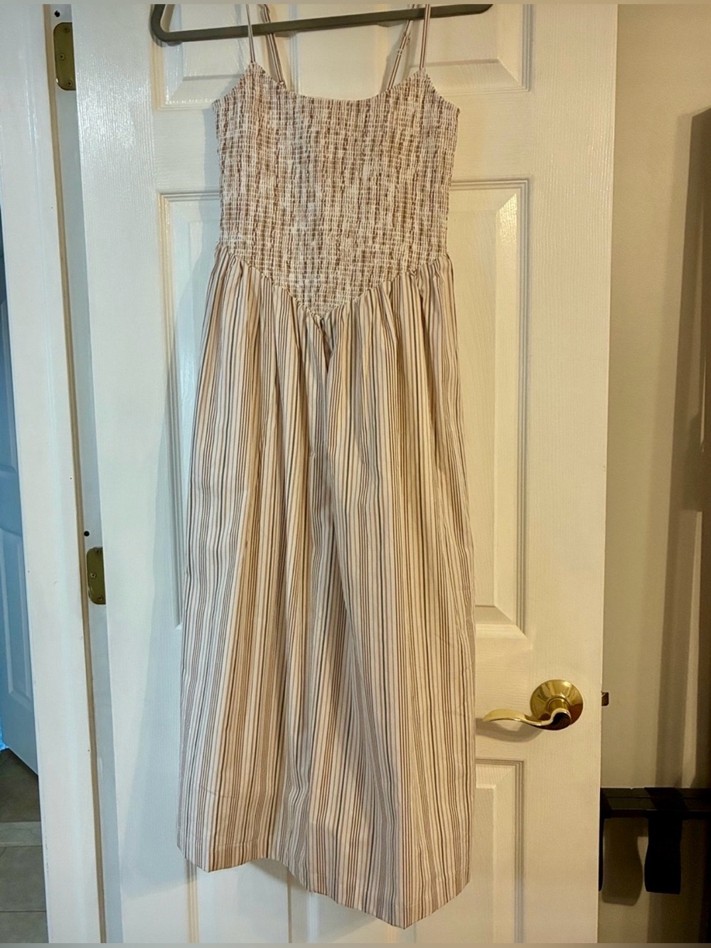 Abercrombie & Fitch Beige and White Striped Smocked Maxi Dress